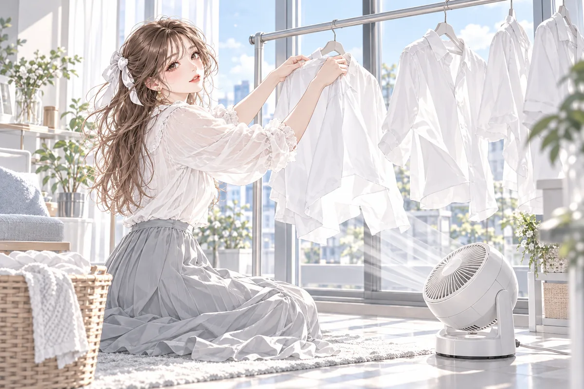 4. 部屋干しの服は、風を当てて早く乾かす